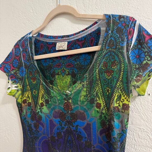 Eyelash Couture Y2K Multicolor Abstract Dye Scoop Neck T-Shirt M - Picture 2 of 6